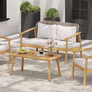 Orbit 2-Piece Acacia Wood Outdoor Patio Conversation Set with Beige Cushions, Light Teak