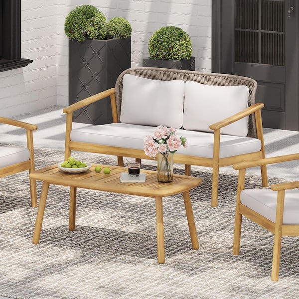 CHRISTOPHER KNIGHT HOME Orbit 2-Piece Acacia Wood Outdoor Patio Conversation Set with Beige Cushions, Light Teak