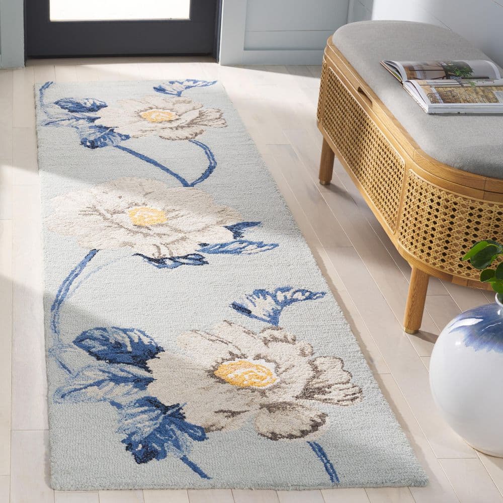 ホワイト＆ブルー✲*゜オーバータイムのフラワーガーランド❀.*・゜ SAFAVIEH Jardin 2 ft. x 8 ft. Blue/Ivory Cottagecore Soft Floral