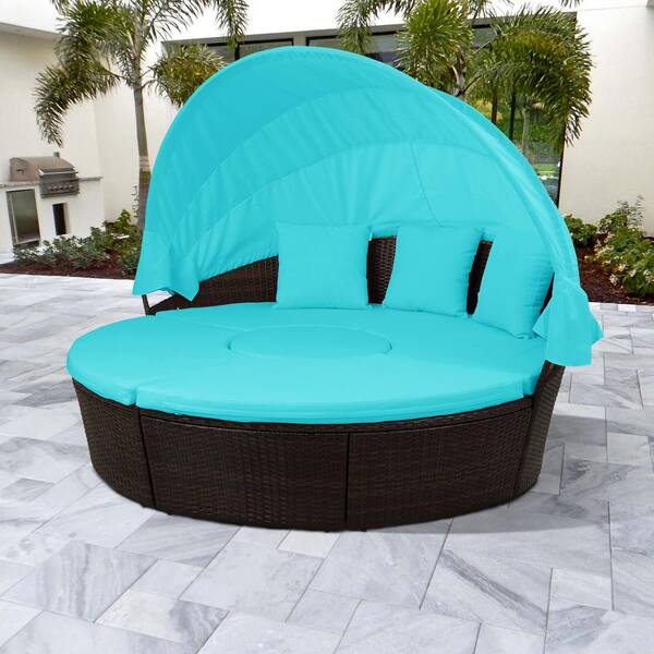 Mondawe Modern Brown Patio Furniture Round Rattan Outdoor Sectional Sofa Set Daybed Sunbed With Blue Cushions Tp 086aac 1 The Home Depot Mondawe Modern Brown Patio Furniture, Modern Rattan Outdoor Furniture
