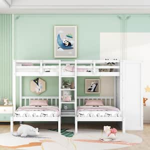 White Full over Twin and Twin Wood Bunk Bed with Shelves, Wardrobe, Mirror and Drawers