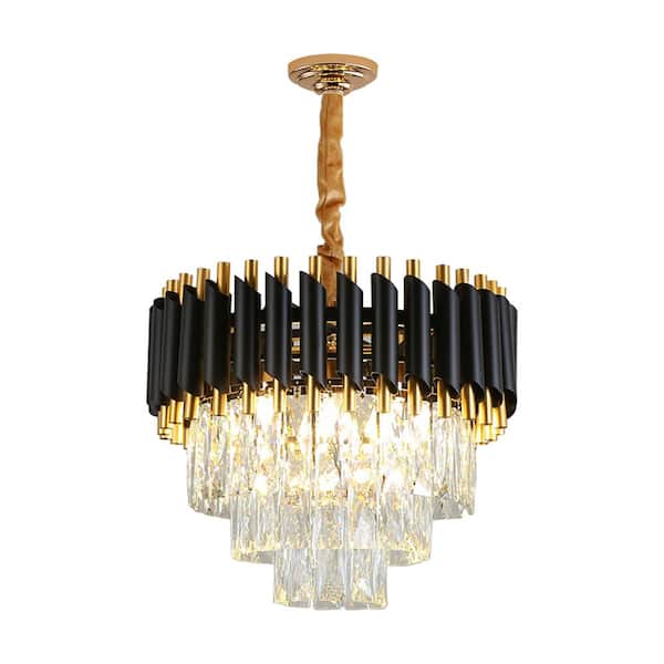 OUKANING Modern 15.7 in. 5-Light Black 3-Tier Crystal Chandelier with Crystal Lampshade