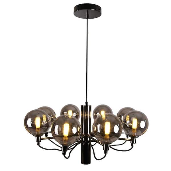 Mid-Century 8 Light Black Chrome Round Sputnik Chandelier with Glass Globes for Entryway Hallway or Living Room of Villa
