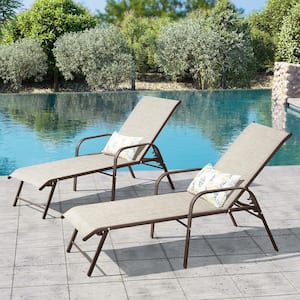 2-Piece Aluminum Adjustable Outdoor Chaise Lounge in Beige with Armrests