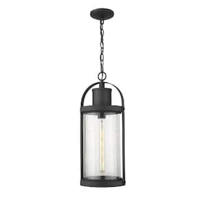 1-Light Black Outdoor Pendant Light with Clear Seedy Glass Shade