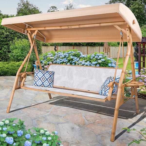 3 Person Metal Patio Swing Outdoor Swing for Adults with Adjustable Canopy, Upgraded Cup Holders Textilene Fabric, White