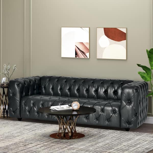 Feichko 83.5 in. Wide Black and Dark Brown 3-Seat Square Arm Faux Leather Straight Midnight Faux Leather Sofa