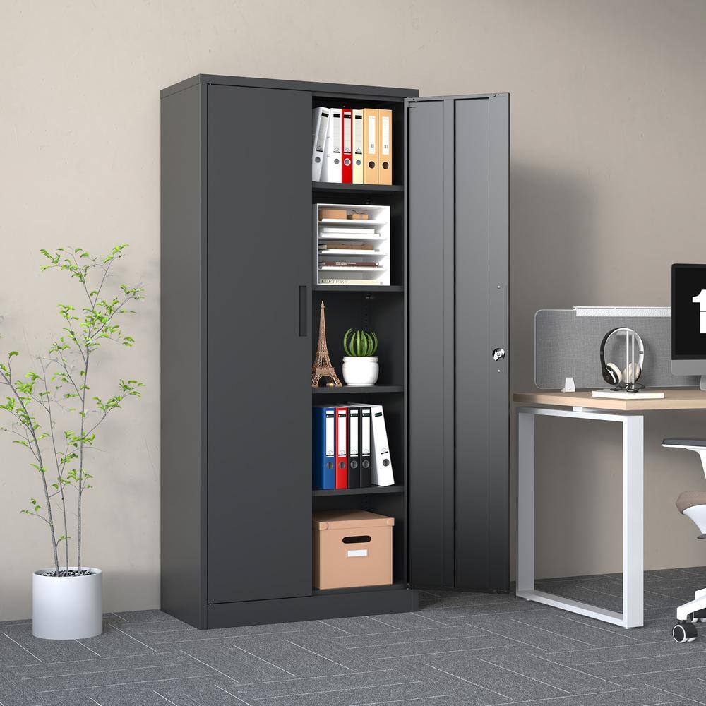 Black metal storage cabinet with one door open, placed in an office setting next to a desk.
