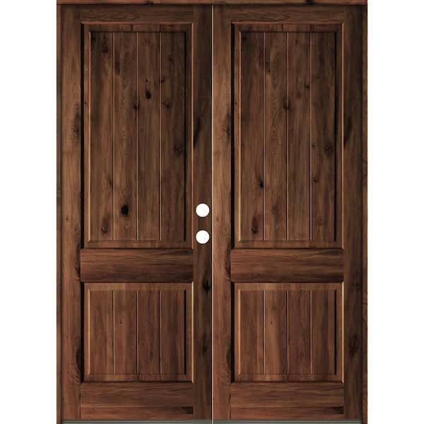 Krosswood Doors 72 in. x 96 in. Rustic Knotty Alder Square Top Red Mahogany Stain/V-Groove Left-Hand Wood Double Prehung Front Door