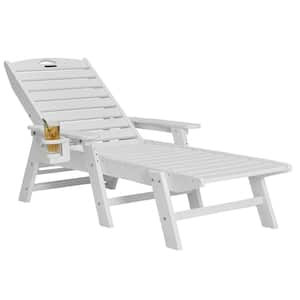 Outdoor Chaise Lounge Chair Adjustable Patio Reclining Bench Lounger White, HDPE Lounge Chair with Cup Holder for Pool