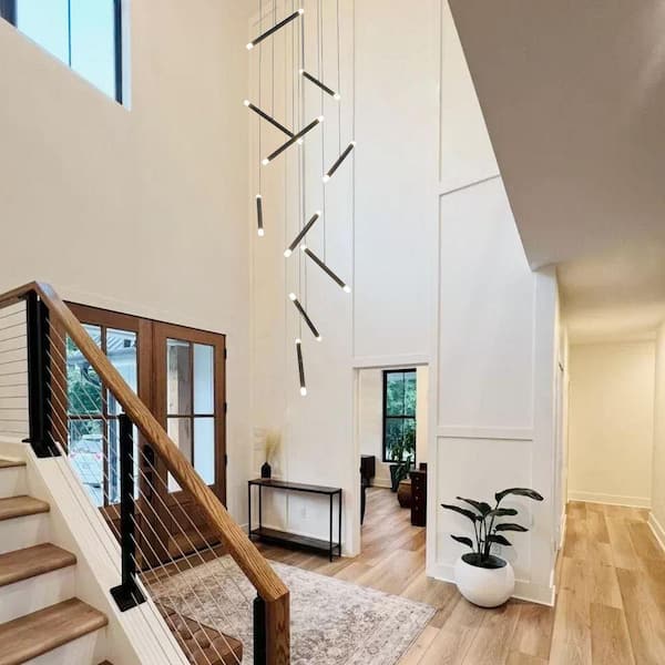 20 Lights Black Linear High Ceiling Chandelier for Staircase Dining Room Foyer, Acrylic Shade, G4 Bulbs Included