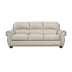 Aura 85 in. W Round Arm Leather Straight Ivory White Leather Sofa