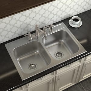 1800 Series Stainless Steel 33 in. 4-Hole Double Bowl Drop-In Kitchen Sink with 9 in. Depth