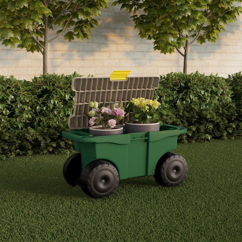Green Rolling Garden Cart with Seat and Storage