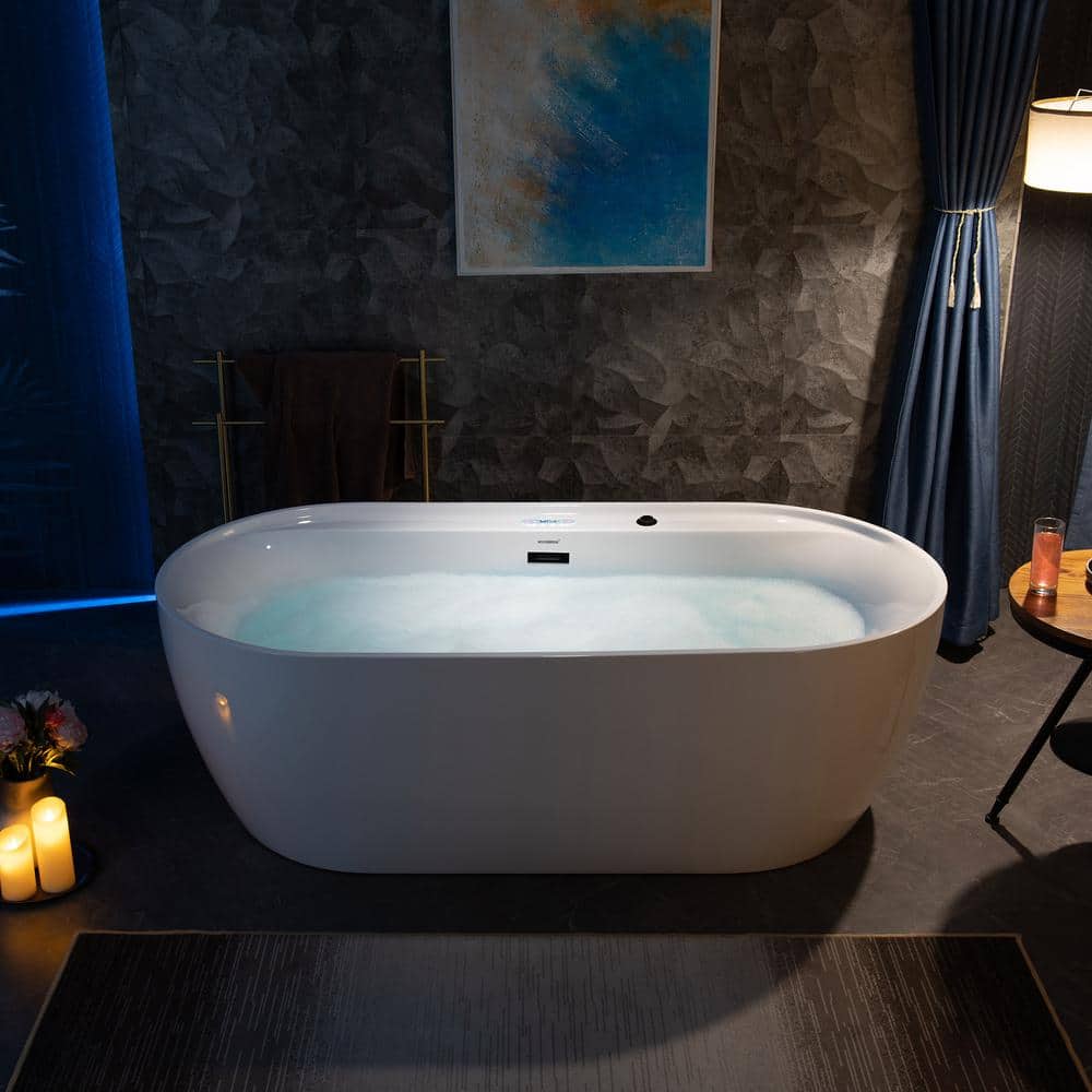 72" White Acrylic Freestanding Whirlpool Tub with Matte Black Trim
