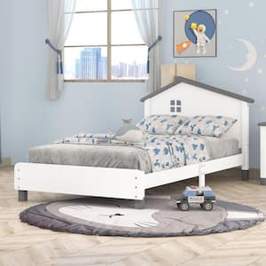 Twin Size Kids Beds with House Frame Headboard Fun Wood Low Bed Frame No Box Spring Needed-White/Gray