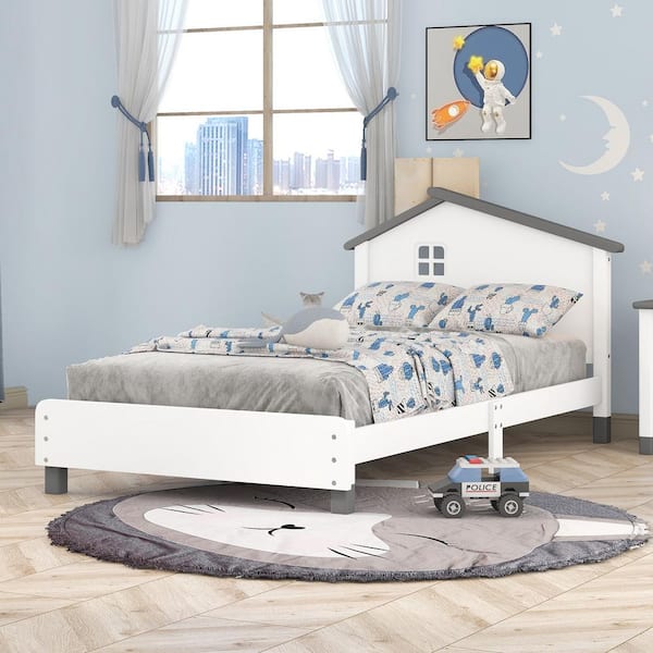 Unbranded Twin Size Kids Beds with House Frame Headboard Fun Wood Low Bed Frame No Box Spring Needed-White/Gray