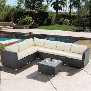 7-Piece Wicker Outdoor Sectional Patio Conversation Set with Beige Cushions and Tempered Glass Table