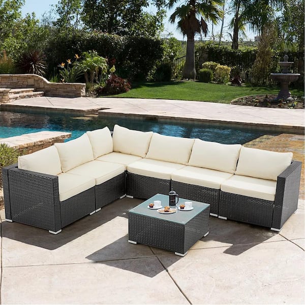 Sudzendf 7-Piece Wicker Outdoor Sectional Patio Conversation Set with Beige Cushions and Tempered Glass Table