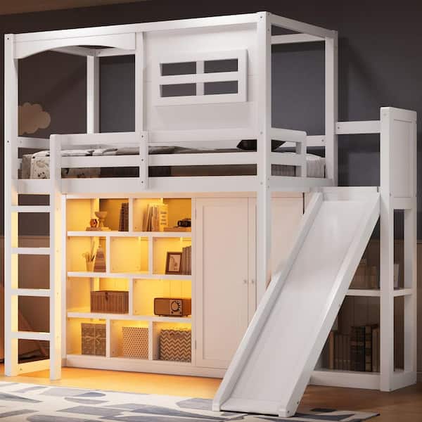Grace White Twin Size Loft Bed with Ladder, Wardrobe, Storage Shelves, Slide, LED