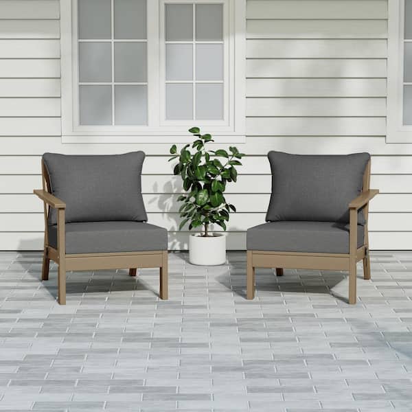 Birchwood Weathered Wood Arrangeable Outdoor Patio 2-Piece Deep Seating HDPE Loveseat Arm Chair Set with Gray Cushions