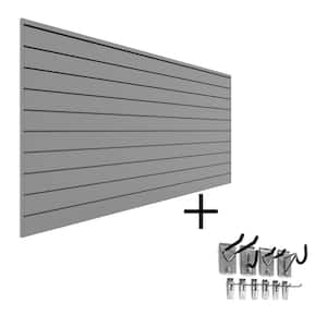 96 in. H x 48 in. W . (32 sq. ft.) PVC Slat Wall Panel Set Light Gray Mini Bundle (1 Pack Slatwall and 10 Pack hooks)