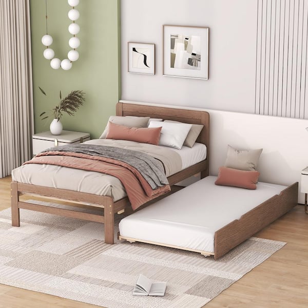 Harper & Bright Designs Walnut(Brown) Wood Frame Twin Size Platform Bed with Headboard and Trundle