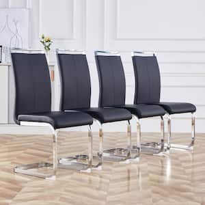 Modern Black PU Leather High Back Upholstered Side Chair, Dining Chair with C-shaped Tube Black Metal Legs (Set of 4)