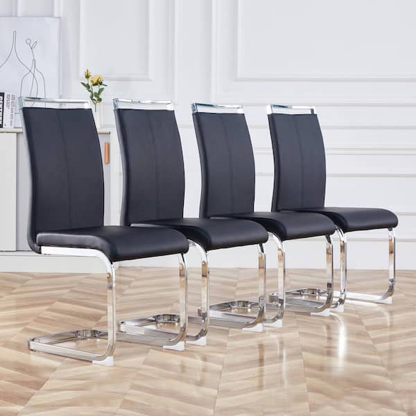 Polibi Modern Black PU Leather High Back Upholstered Side Chair, Dining Chair with C-shaped Tube Silver Metal Legs (Set of 4)