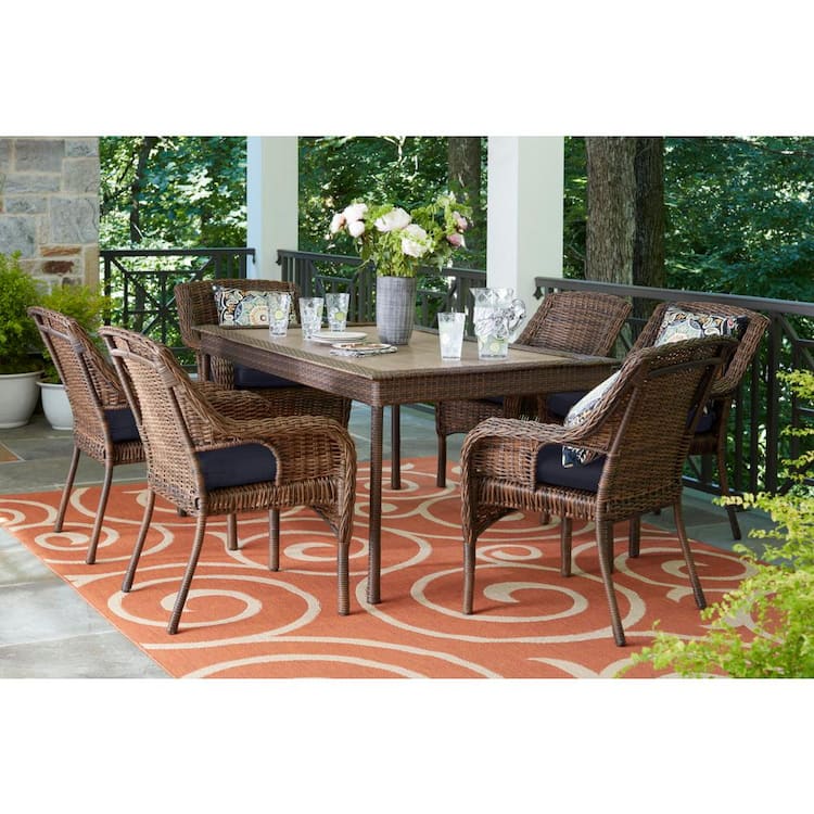 Hampton Bay Cambridge 7Piece Brown Wicker Outdoor Patio Dining Set with CushionGuard Midnight