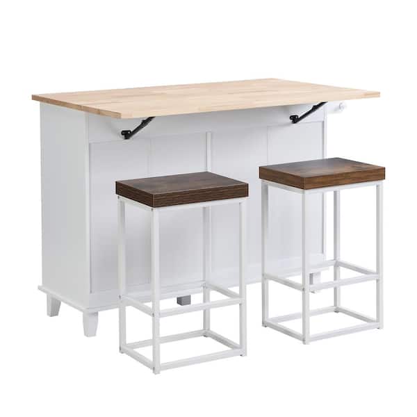 White Farmhouse Kitchen Island Set with Drop Leaf and 2 Seatings, Outdoor Grill Cart Storage Cabinet with Drawers