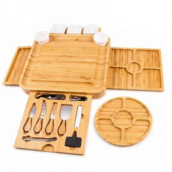 Bamboo Charcuterie Board Gift Set with 20 Accessories 3-Sided Drawer Design 16 x 13.8 in. Cheese Board