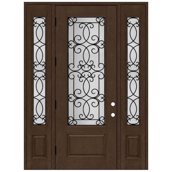 Steves & Sons Regency 68 in. x 96 in. 3/4Lite Georgian Decorative Glass RHOS Hickry Mahogny Fiberglass Prehung Front Door w/Dbl14in.SL