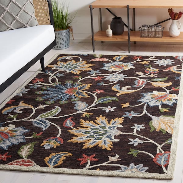 Blossom 5 ft. x 8 ft. Brown/Yellow Border Floral Area Rug