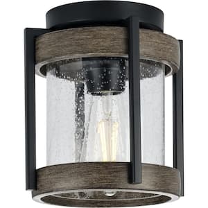 Whitmire 1-Light Matte Black with Aged Oak Accents Clear Seeded Glass Farmhouse Outdoor Ceiling Mount Light