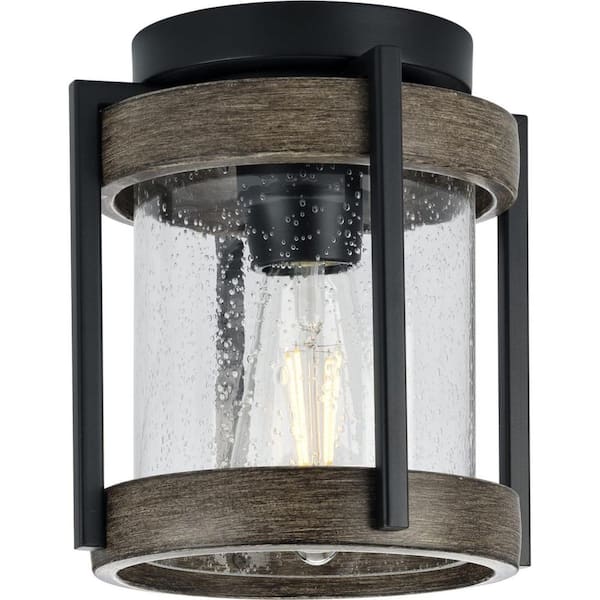 Progress Lighting Whitmire 1-Light Matte Black with Aged Oak Accents Clear Seeded Glass Farmhouse Outdoor Ceiling Mount Light