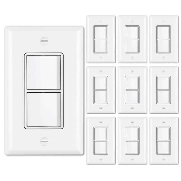 Etokfoks 15A, Double On/Off Rocker Light Switch Single Pole Combination Interrupter with Wall plate in White - (10-Pack)