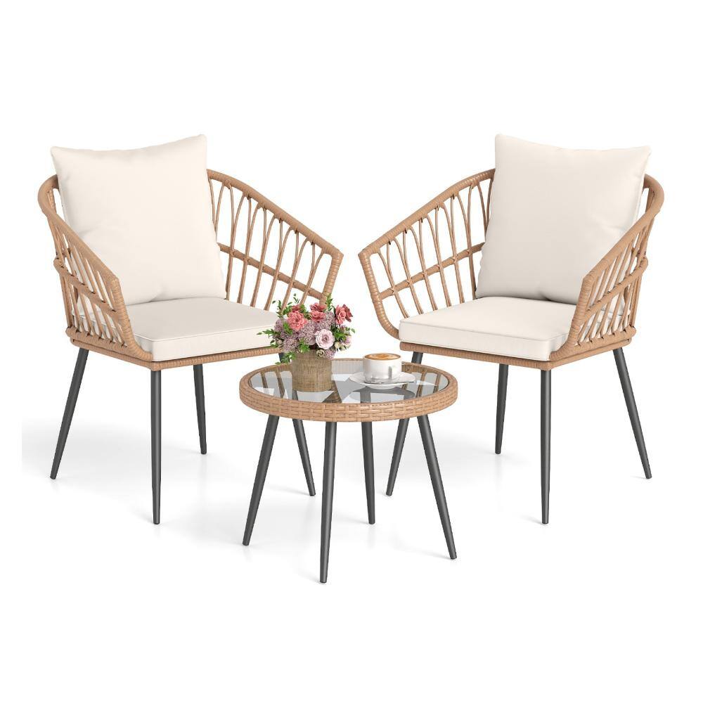 3-Piece PE Rattan Patio Bistro Set with Tempered Glass Table and Cushions, Brown price history on PriceWatchPro