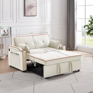 70 in. W Beige Velvet Twin Size 2-Seat Rectangle Convertible Loveseat Sofa Bed with Cup Holder