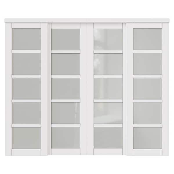 96 in. x 80 in. 5 Lites Frosted Glass White MDF Closet Sliding Door with Hardware Kit