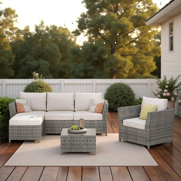 XIZZI Vesta Gray 6-Piece Wicker Outdoor Patio Conversation Sofa Set with Beige Cushions