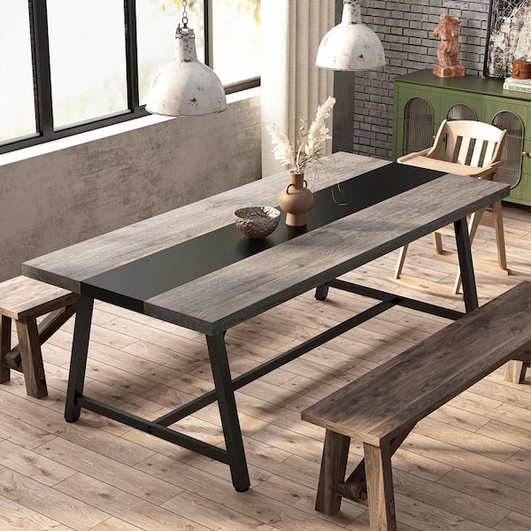 70.9 in. Industrial Gray Wooden 4 Legs Dining Table Rectangular Kitchen Table for 8 People
