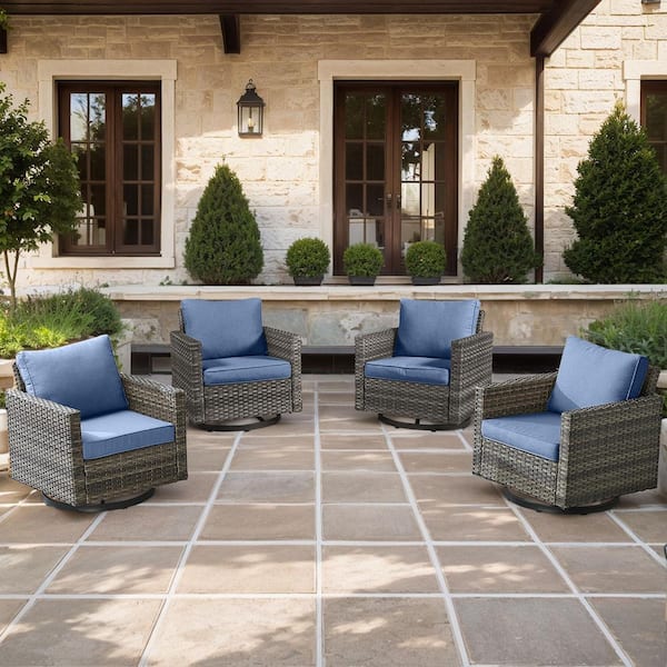 moosprr U-Foot 4-Piece Gray Swivel Glider Wicker Outdoor Rocking Chair with Olefin Blue Cushions for Patio or Porch