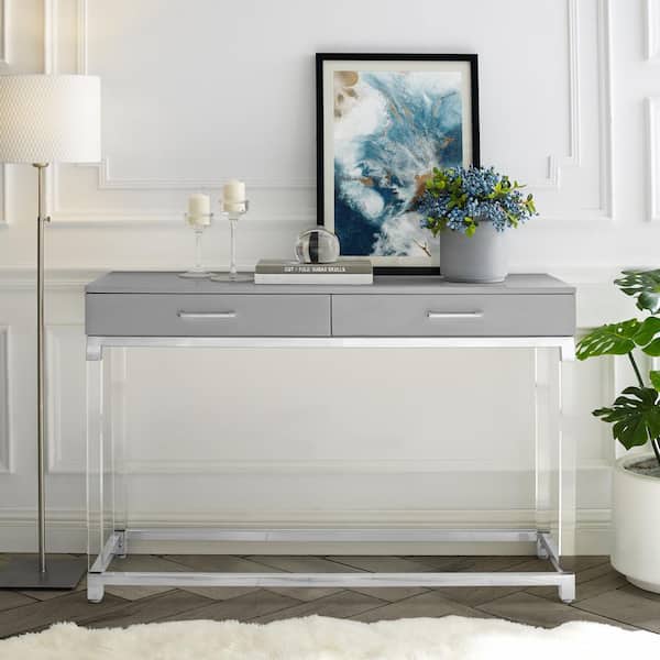 Inspired Home Caspian 48 in. Light Gray/Chrome Standard Rectangle Wood Console Table with Drawers