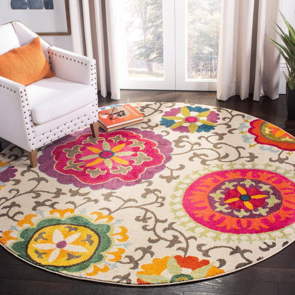 Ivory Floral Memory Foam Round Rug with Easy Care Synthetic
