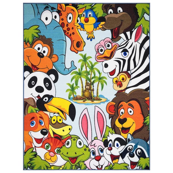 Ottomanson Kid's Play Collection Non-Slip Rubberback Educational Animal 5x7 Kid's Area Rug, 5 ft. x 6 ft. 6 in., Sky Blue