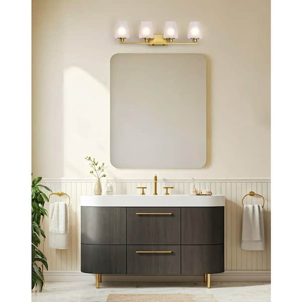 Lune 32 in. 4-Light Vintage Brass Vanity Light with Etched White Glass Shade