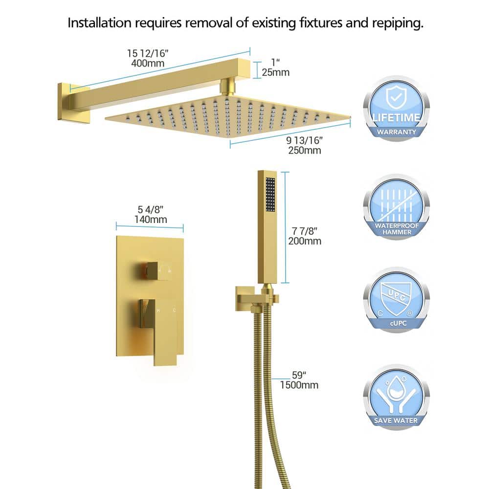 Brushed Gold Dual Head Wall Mounted Rain Shower System