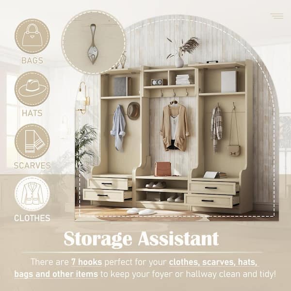 70 in. H x 78 in. W Modern Shoe Storage Bench with 4 Drawers & 7 Hooks, 4-in-1 Detachable Hall Tree, Beige