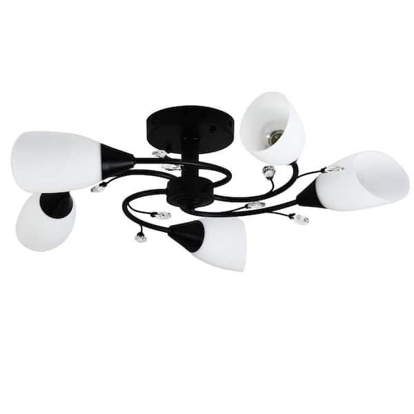 FINXIN Modern Black 5-Light 30 in. Semi-Flush Mount Ceiling Light with White Glass Shade for Bedroom, Kitchen and Dining Room